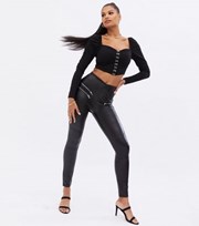 New Look Black Leather-Look Zip High Waist Leggings